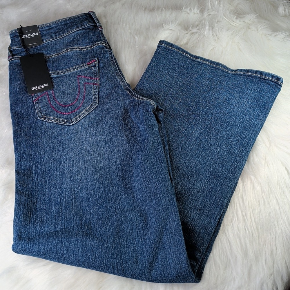 True Religion Bobbi SN Baggy Jeans Women 28 Blue Pink Stitch Low Slung Wide Leg